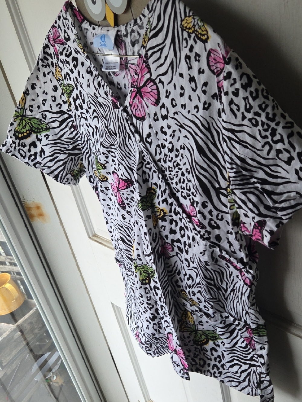 Butterfly & Zebra Print Medical Scrub Top - Pink, Green, Yellow Medium